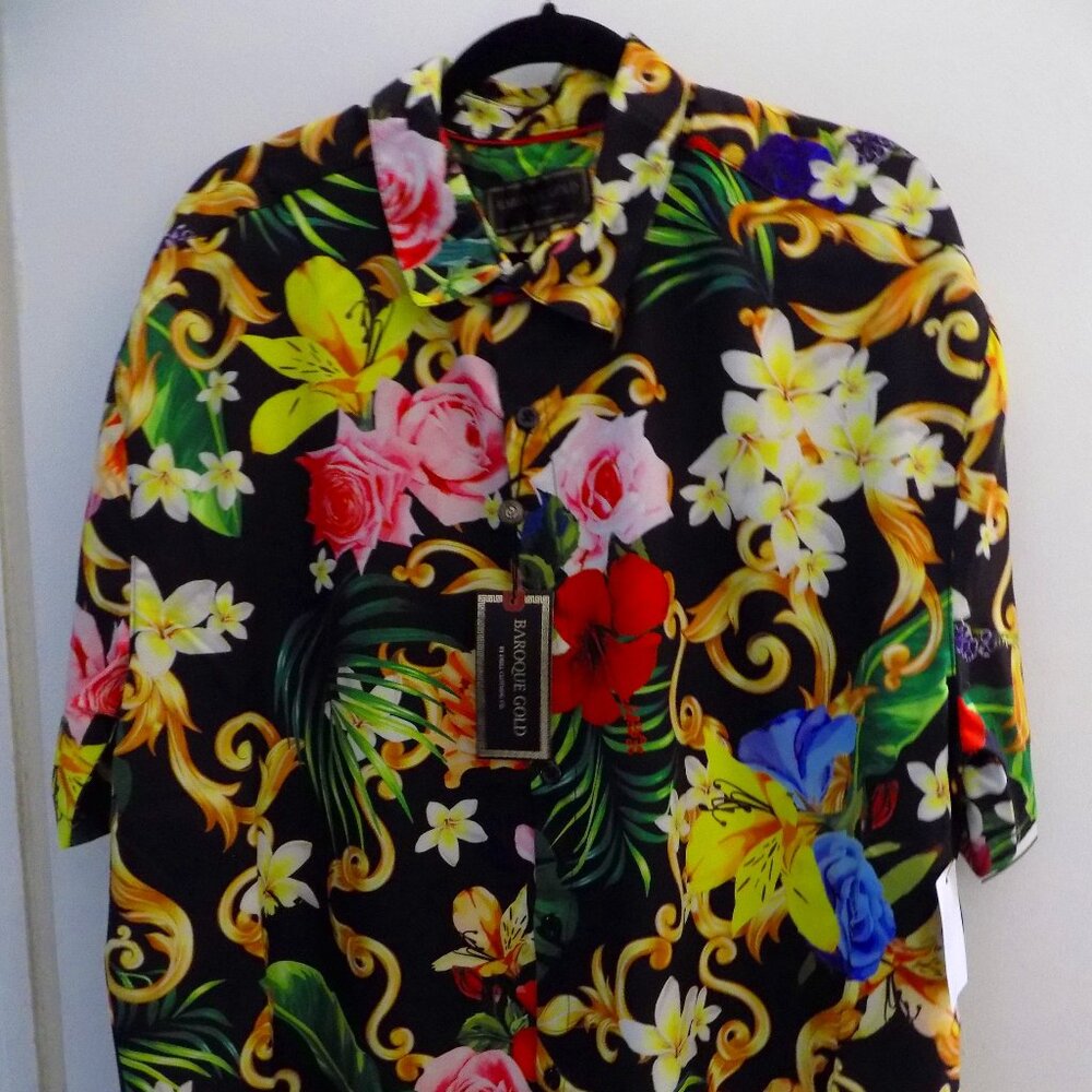 NEW Baroque Gold Floral Tropical Italian Designer Style Men Shirt Size M